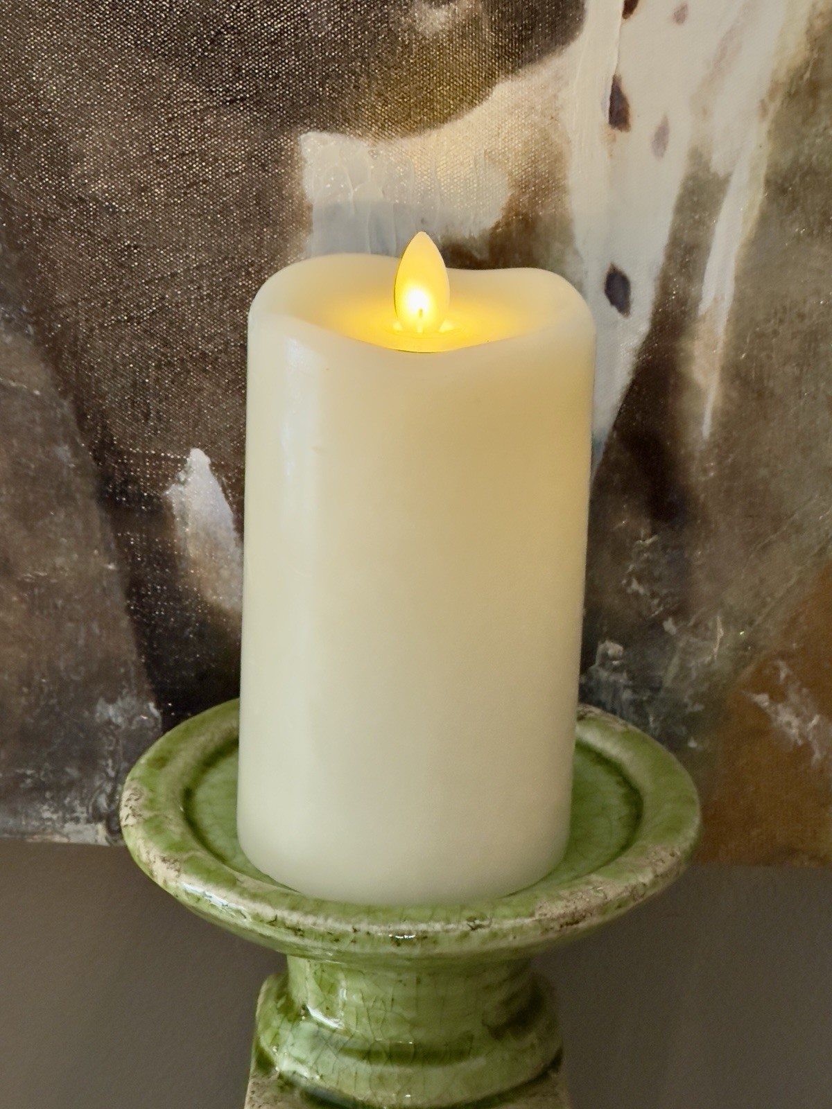 Chartreuse Chunky Green Crackle Glazed Ceramic Pillar Candle Holder 12.5″