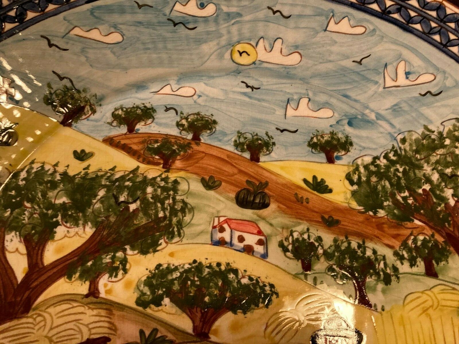 18″ FOLK ART HAND PAINTED PLATTER FARMING SCENE ~Terracotta~Signed