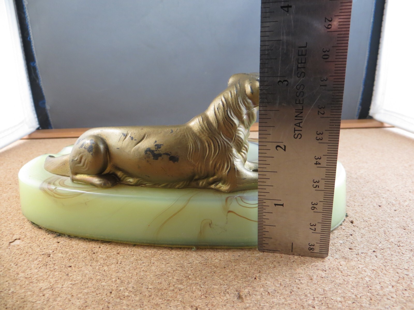 Antique Bronze Enamel Metal Borzoi Dog Figurine Swirl Stripe Slag Glass Ashtray
