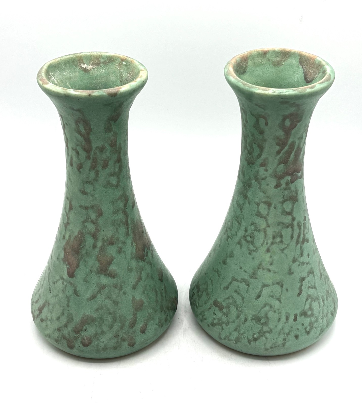Vintage Brush McCoy Art Pottery Vase Vellum Mottled Green 1930s 8” Rare Set of 2