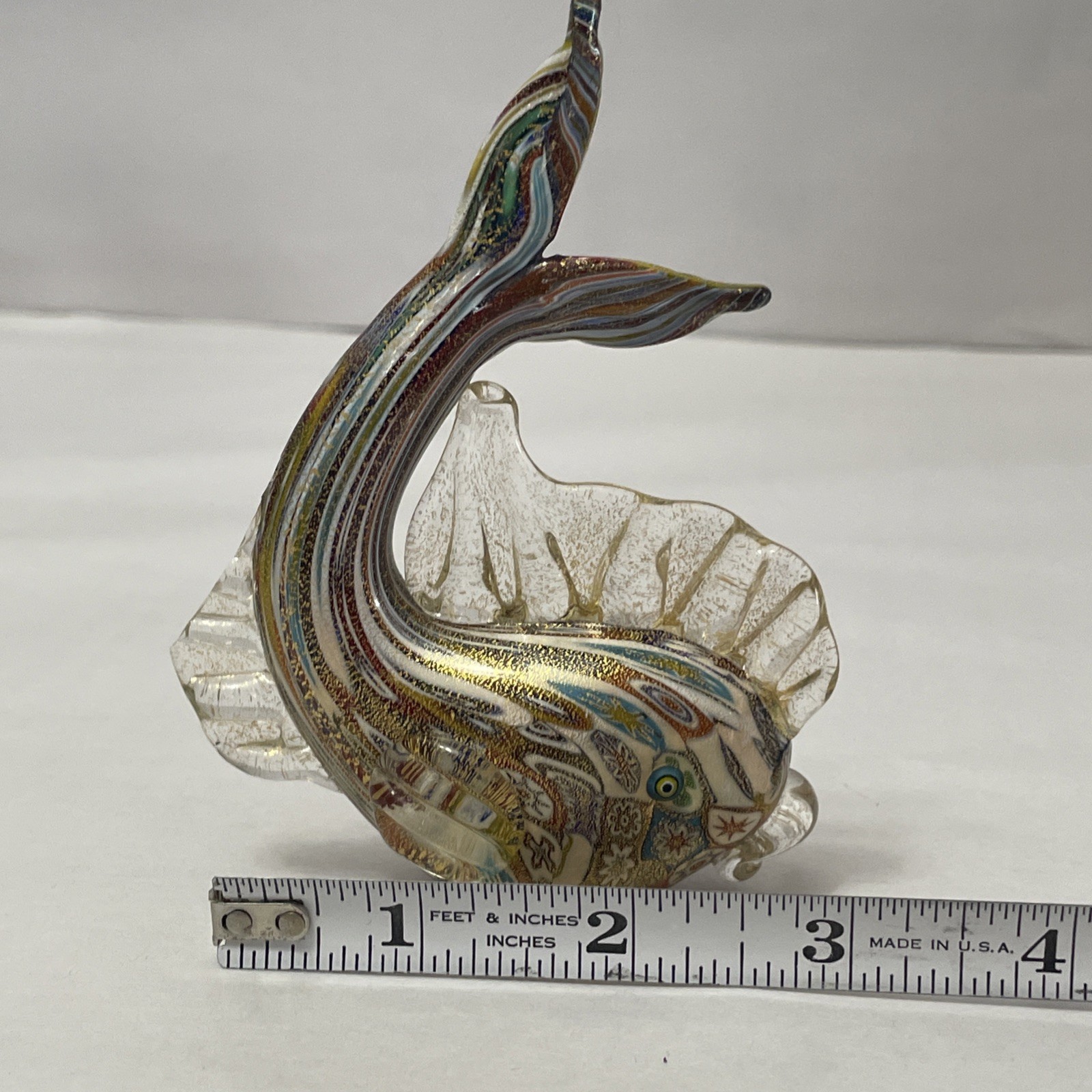 Vintage Murano Millefiori Art Glass Fish Figurine Gold 4.5” Tall /Broken