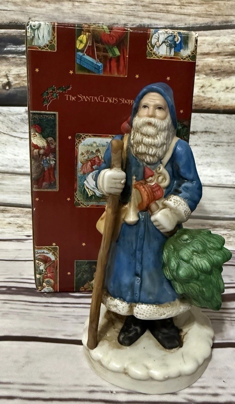 Enesco The Santa Claus Shoppe Blue Santa With Tree Figurine Original Box