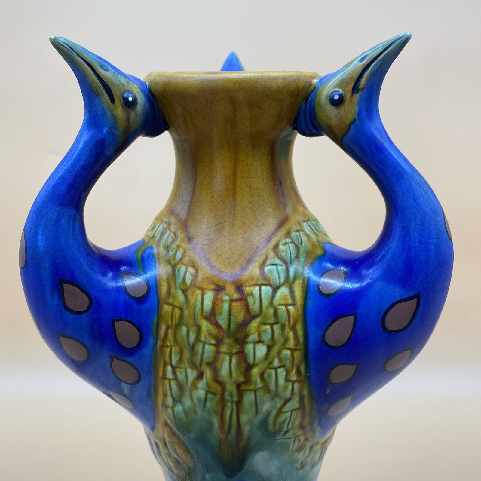 Vintage Art Nouveau Ceramic Pottery Peacock Bird Vase 16” Treasures READ!