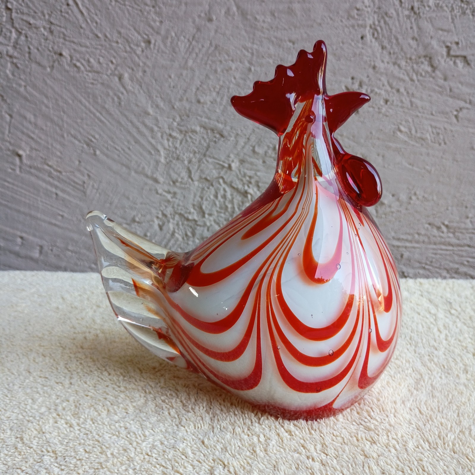 Rooster Chicken Hen Art Glass Murano Style Figure 7” Hand-Blown Statue Red White