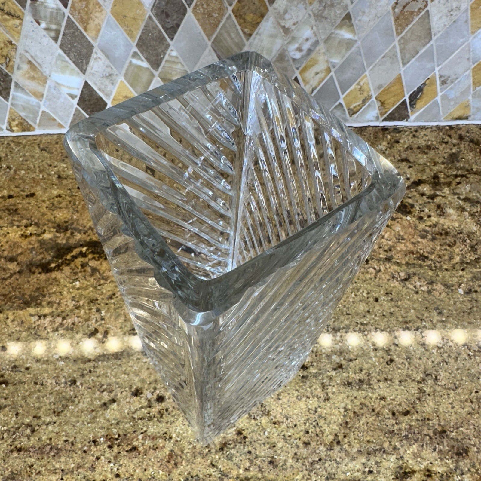 ACC Crystal Square Cut Vase 10.5 in Poland Thick Diagonal Lines 4 In Diameter