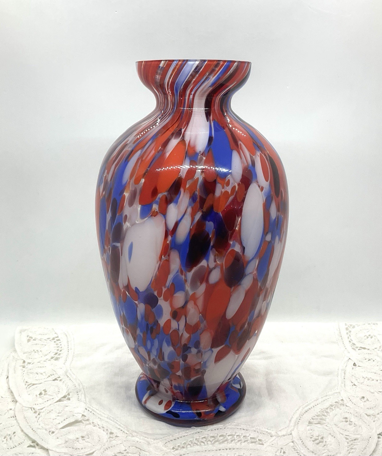 Vintage Splatter Spatter Hand Blown 8” Vase Colors Red White Blue