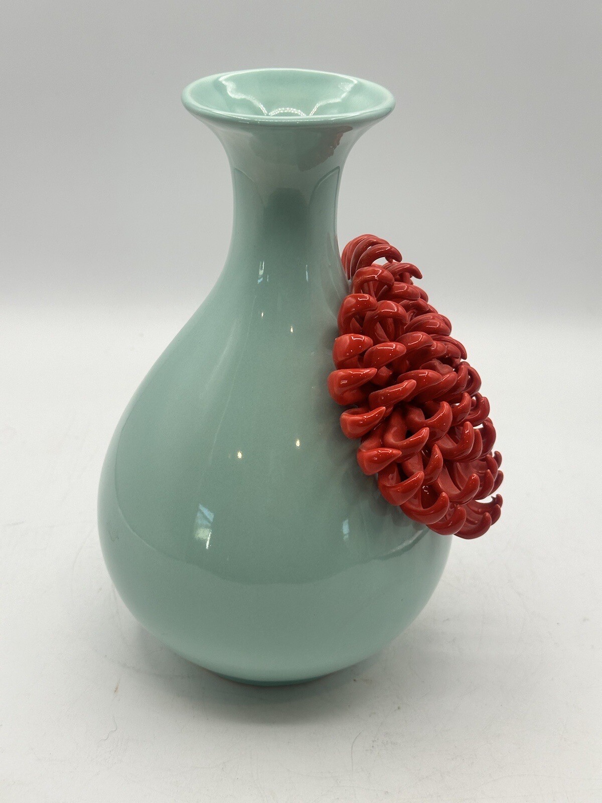 Celadon Glaze Vase By Anthropologie With Large International Orange Dahlia