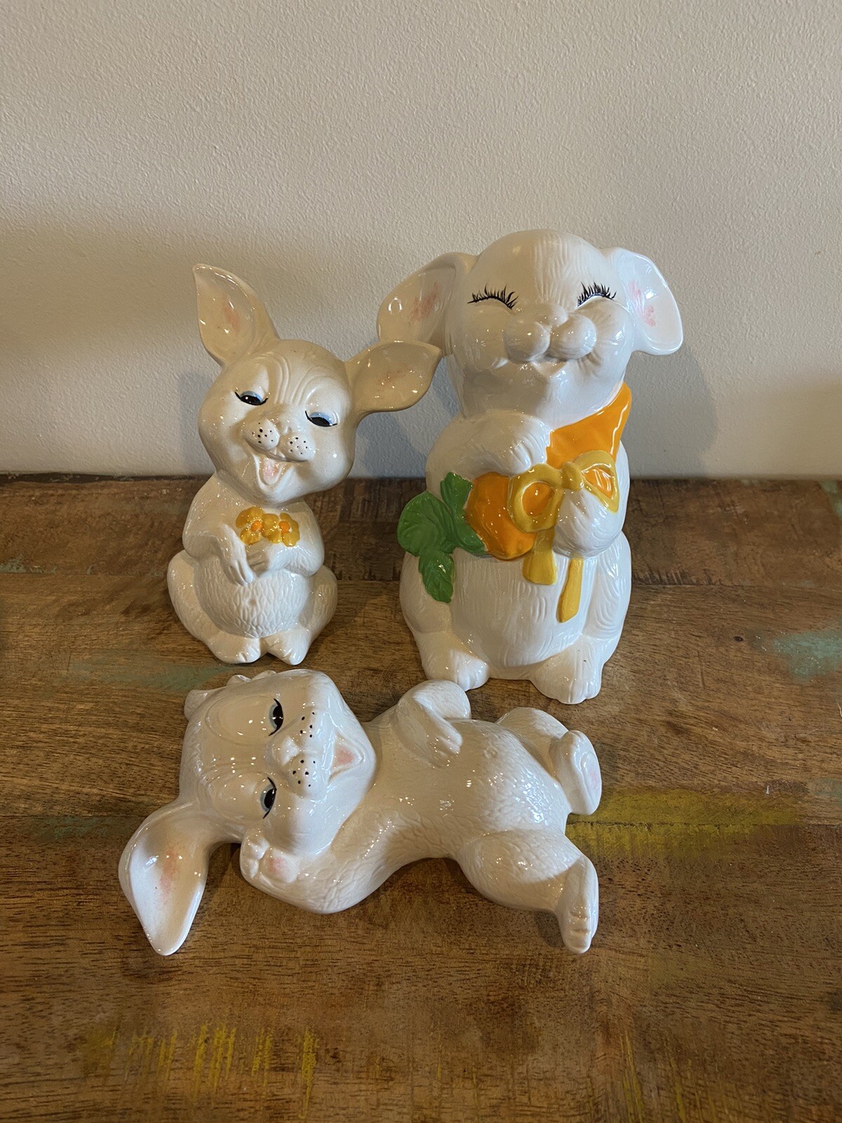 Vintage Whimsical Art Pottery Happy Ceramic Bunnies Rabbits Figures Easter