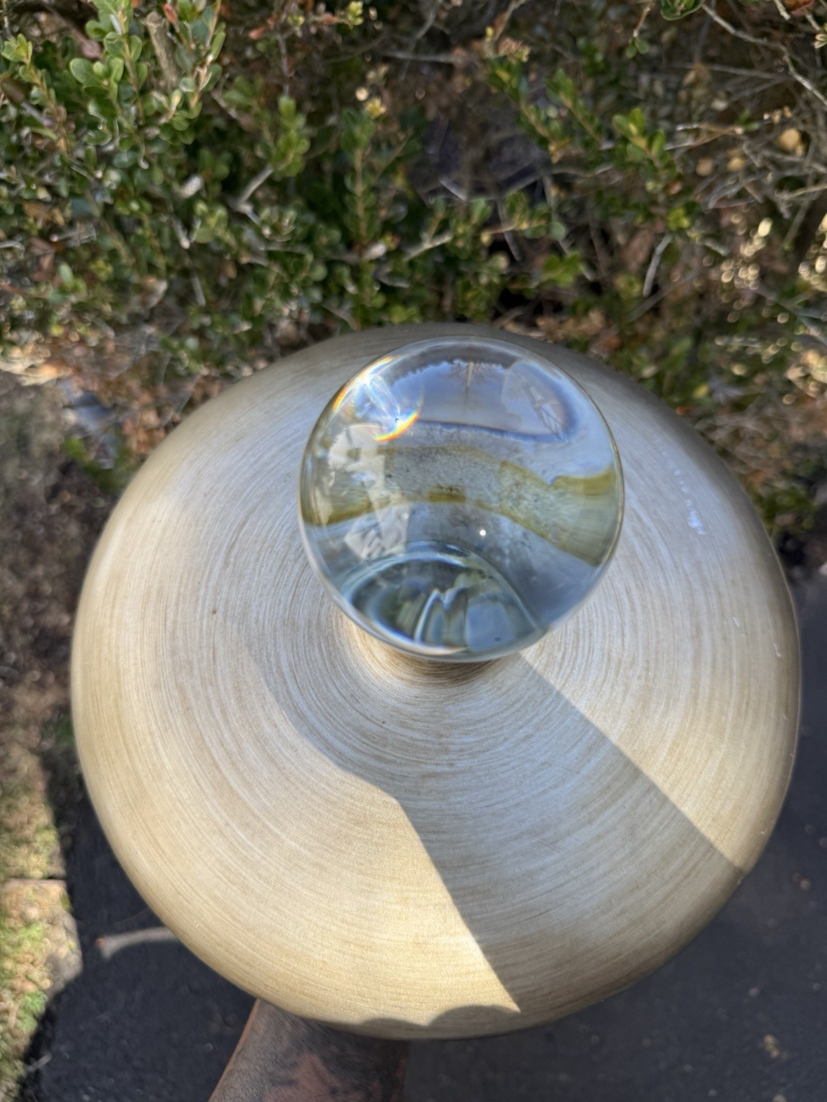 Carolyn Kinder Mid Century Brushed Aluminum vase with clear Ball 10″x 11″ Rare