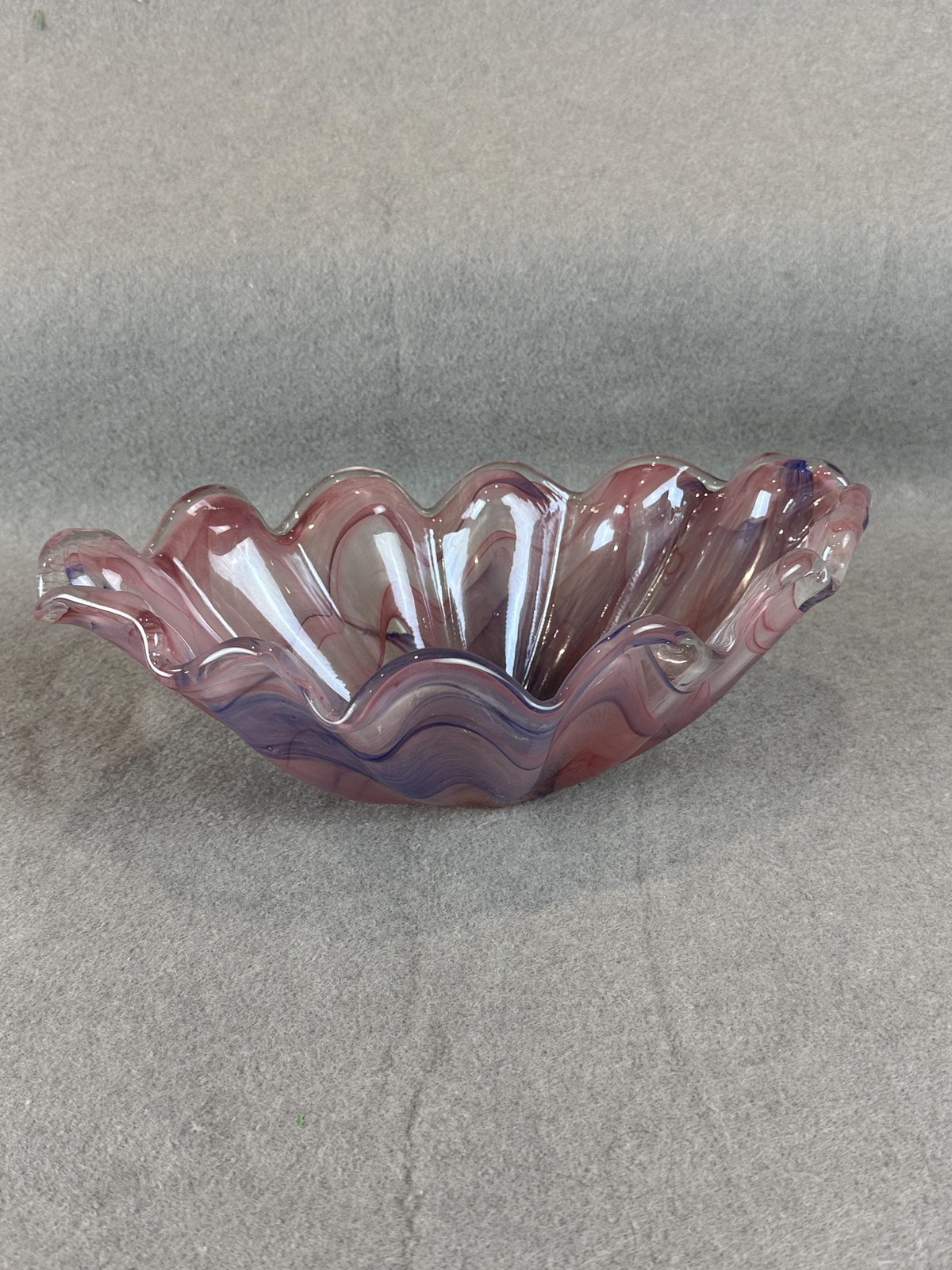 Murano Hand Blown Pink Swirl Glass Ruffled Bowl Ornament Made Italy Decor Art