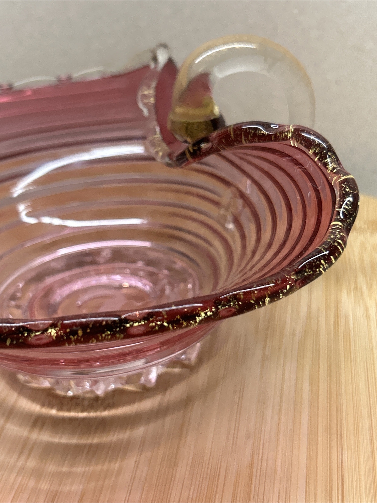 Vintage Murano Pink Swirl Ruffled Bowl With Clear Handle Italian Lovely Shape