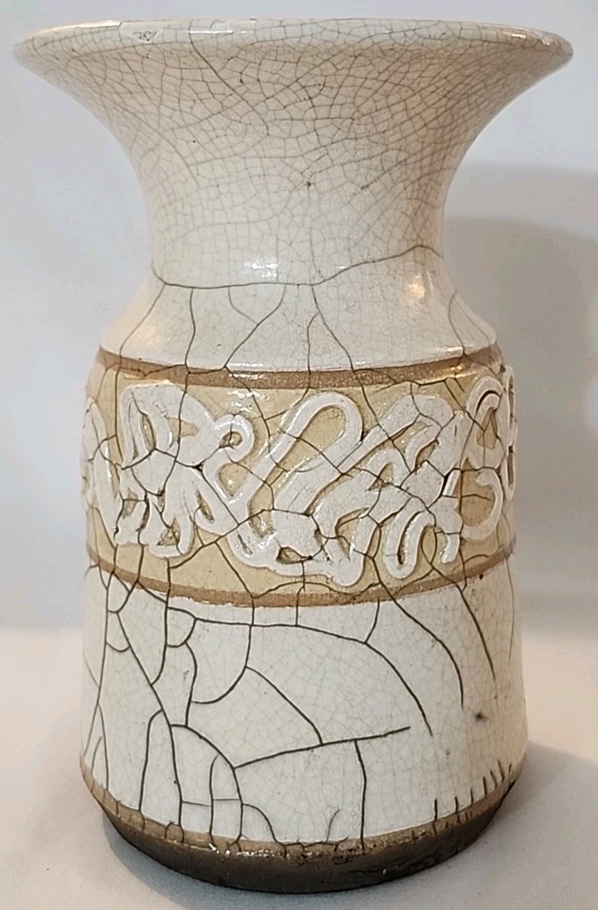 Vtg Handmade Raku Crackle Glaze Pottery Decorative Vase Artist Signed Dated 1977