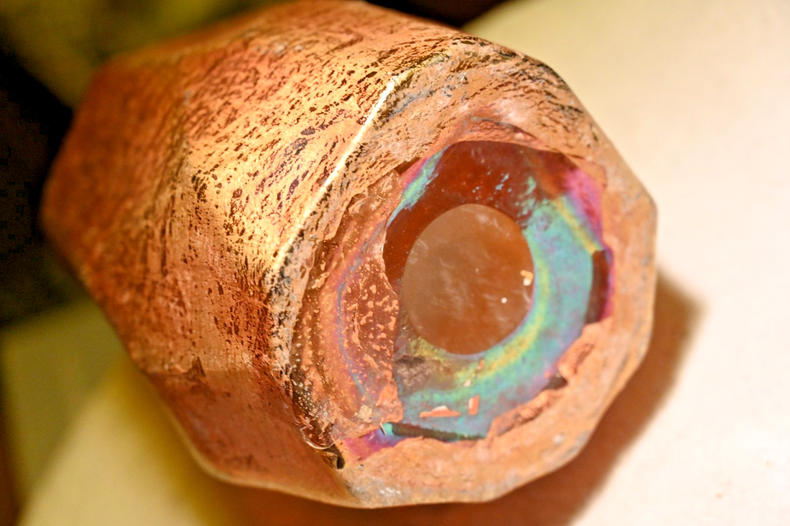 Vintage Hand Blown Iridescent Copper Art Glass Vase Faceted Studio Glass