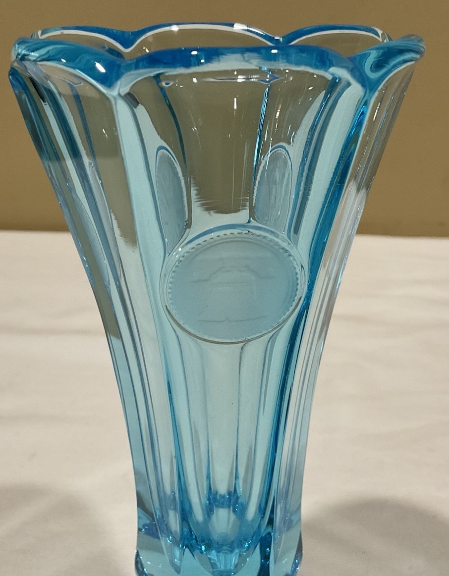Vintage Fostoria 8” Blue Coin Glass Bud Vase, Excellent Condition!