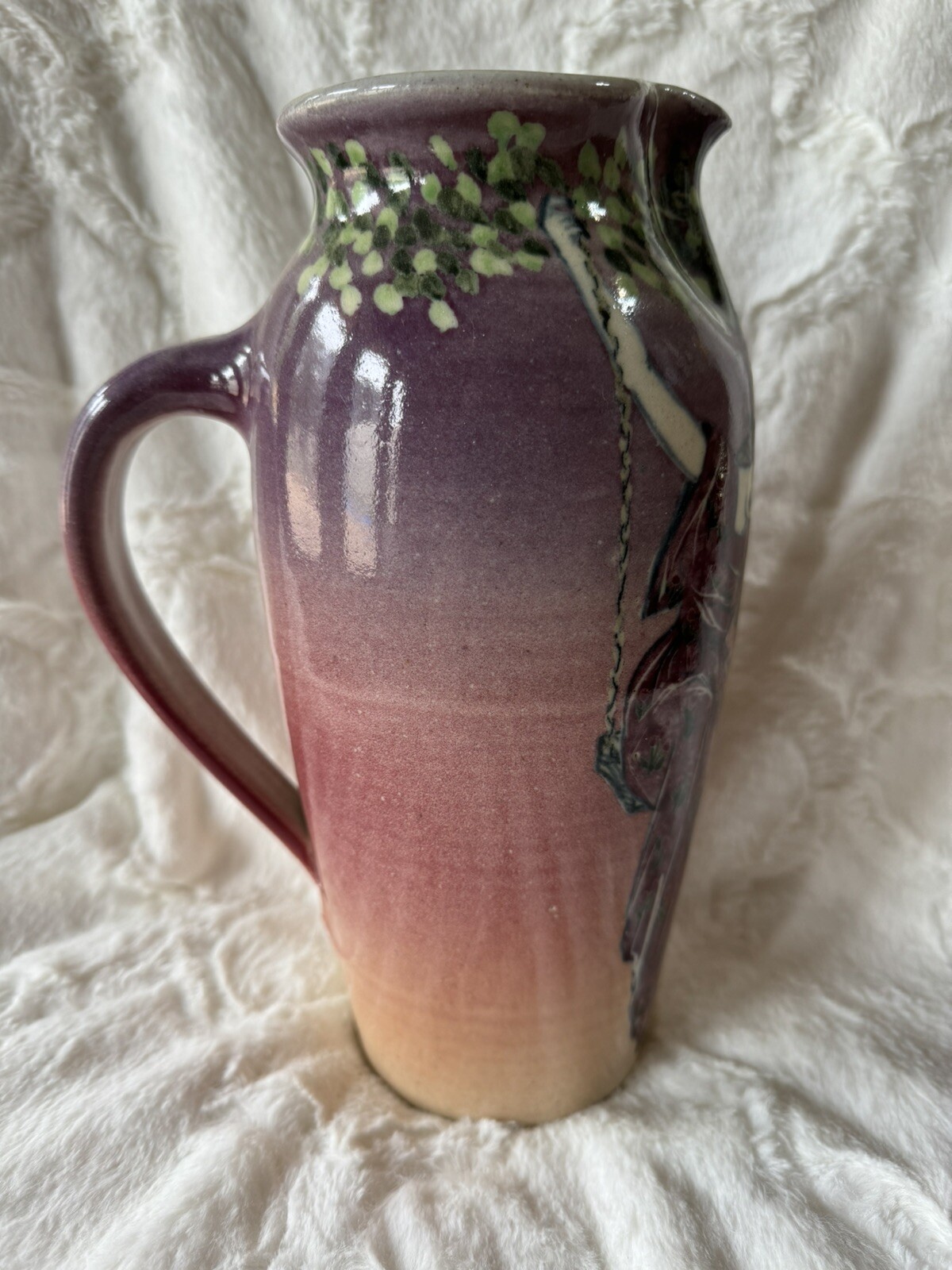 Santa Barbara Ceramic Design 1980 Pottery Painted Girl On Swing Pitcher-Cosca