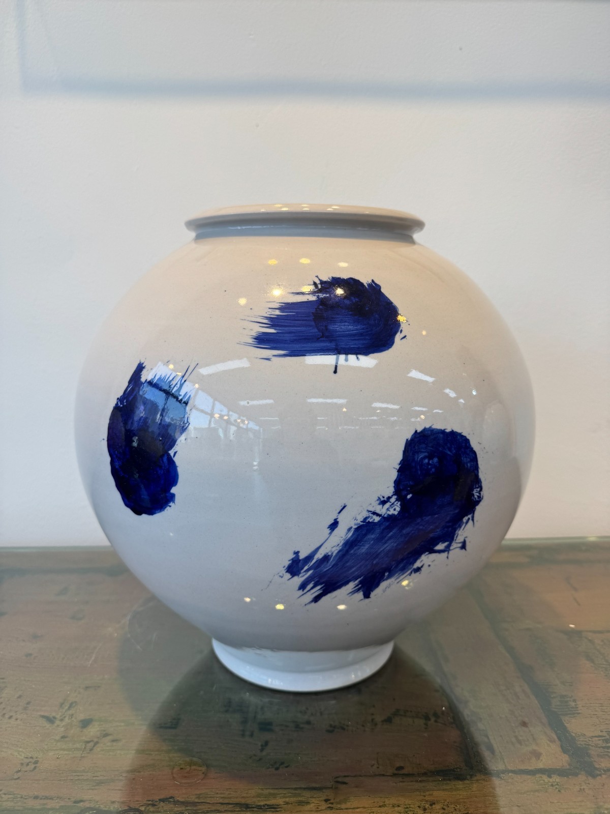 Korean Moon Jar 13″ Trinity Cobalt Brushstroke Japandi Wabi Sabi Handmade Signed
