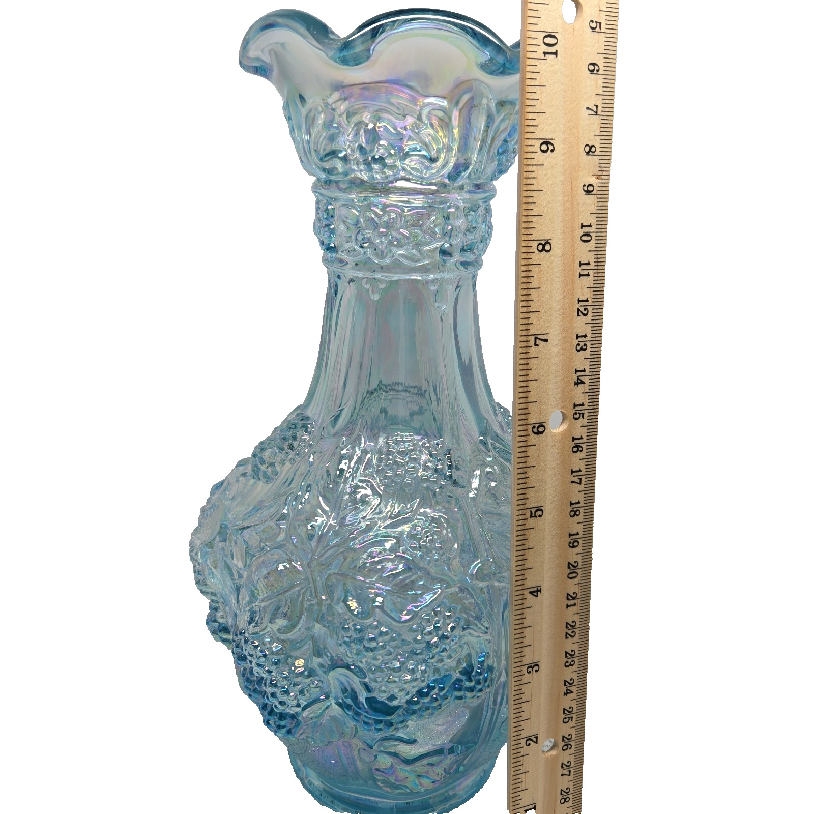 Imperial Glass Blue Vase Vintage Iridescent Carnival Glass w/Grapevines 10″ EUC