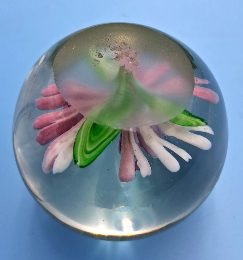 Vtg. Round Glass Floral Paperweight Pink Flower Clear Art Glass 2.75″, 13 oz.