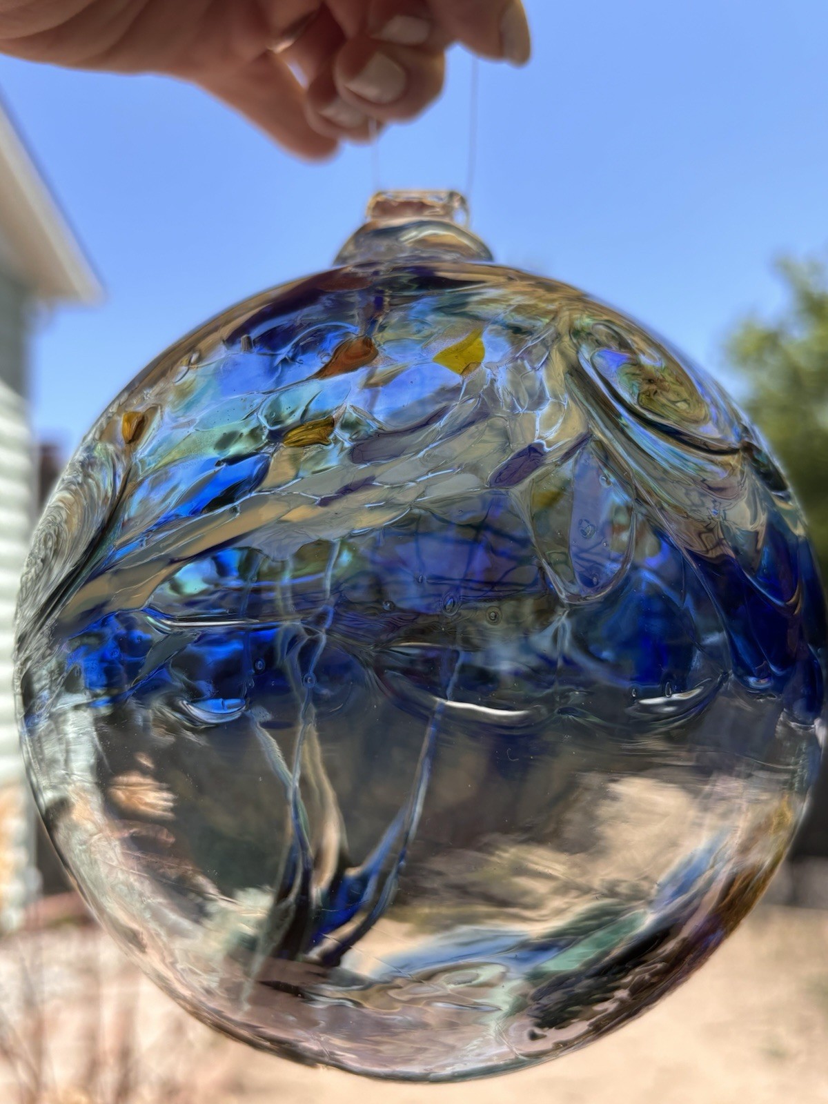 Hand Blown Art Glass Ball Blue Gold Aventurine Hanging Garden Orb Studio Glass