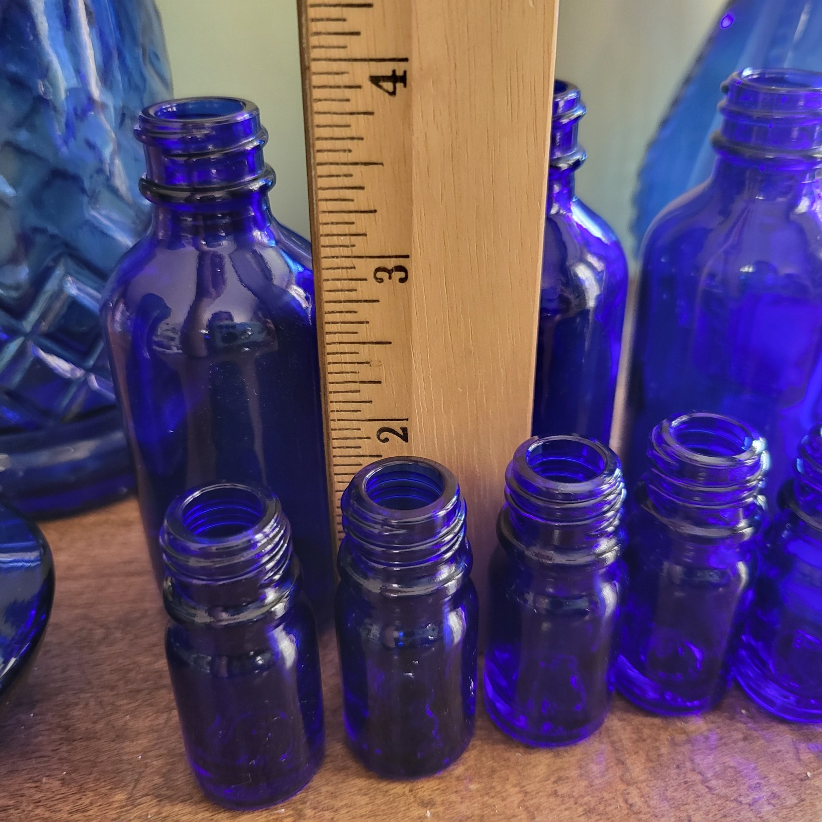 Lot of 13 Blue Some Colbolt Blue Bottles & Vases with No Lids Some Vintage