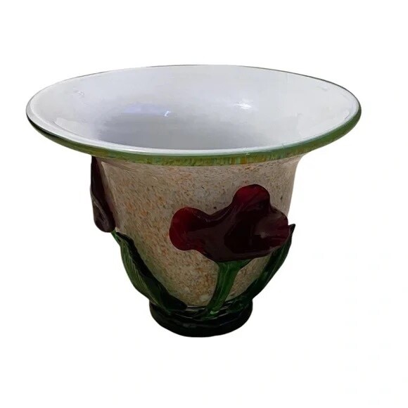 Art Glass Abstract Speckled incased Open Vase Hand Blown with attached Flowers