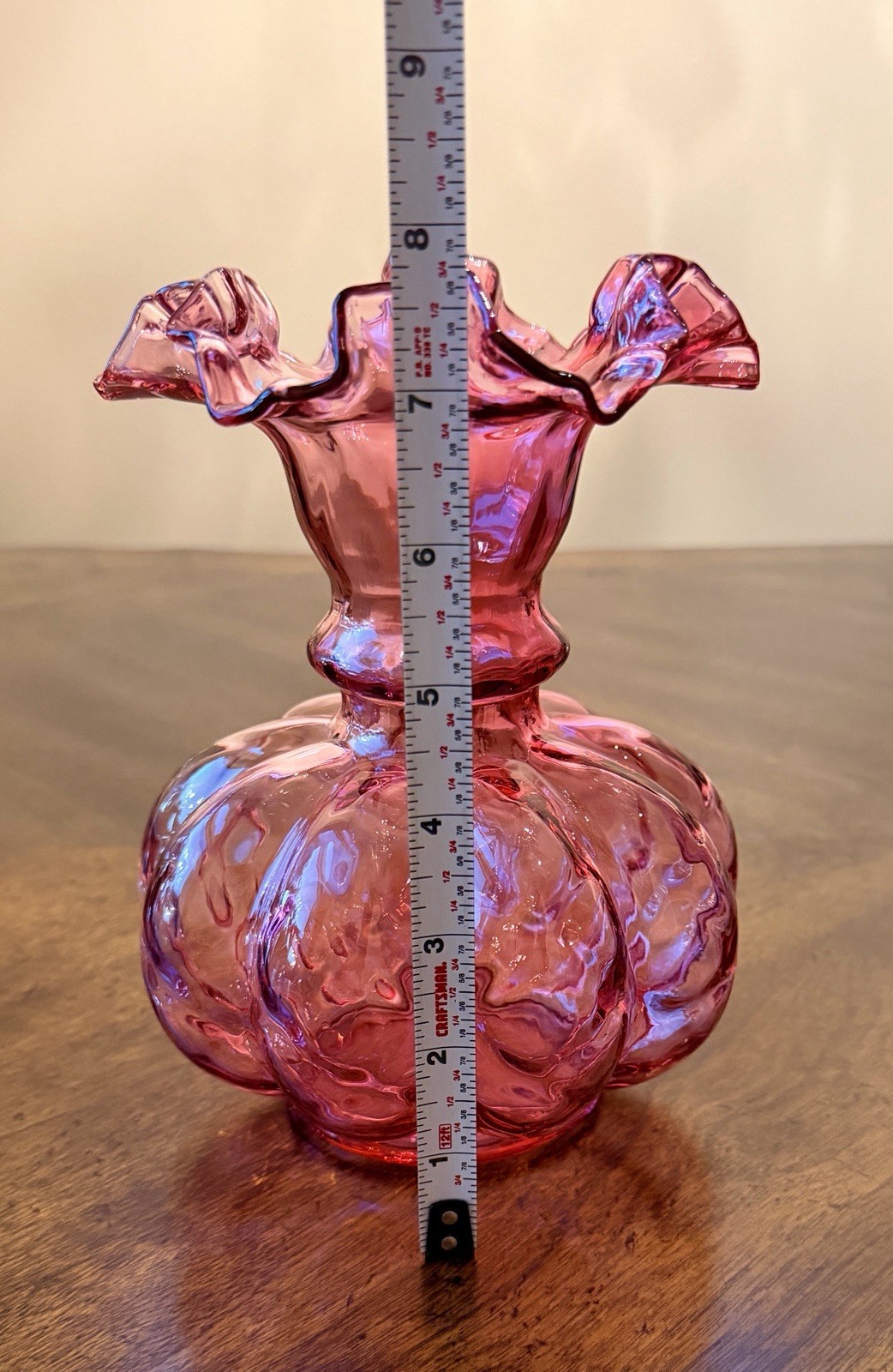 Vintage FENTON Cranberry Pink Glass Optic Melon Vase Ruffle Edge 7-3/4”
