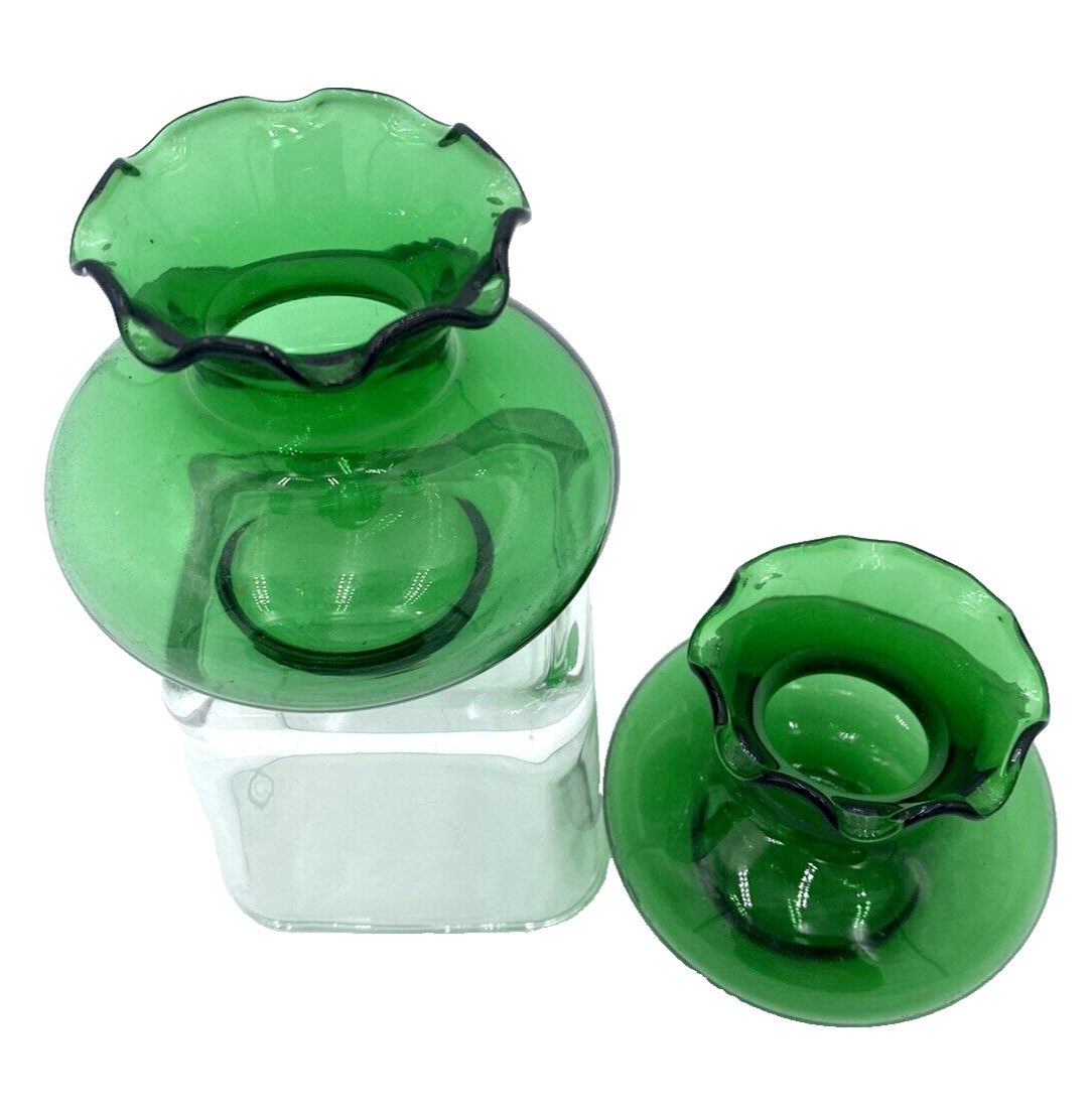 Pair – 1950’s Vintage Anchor Hocking Forest Green Short Vases, Crimped Rim, 3.5″