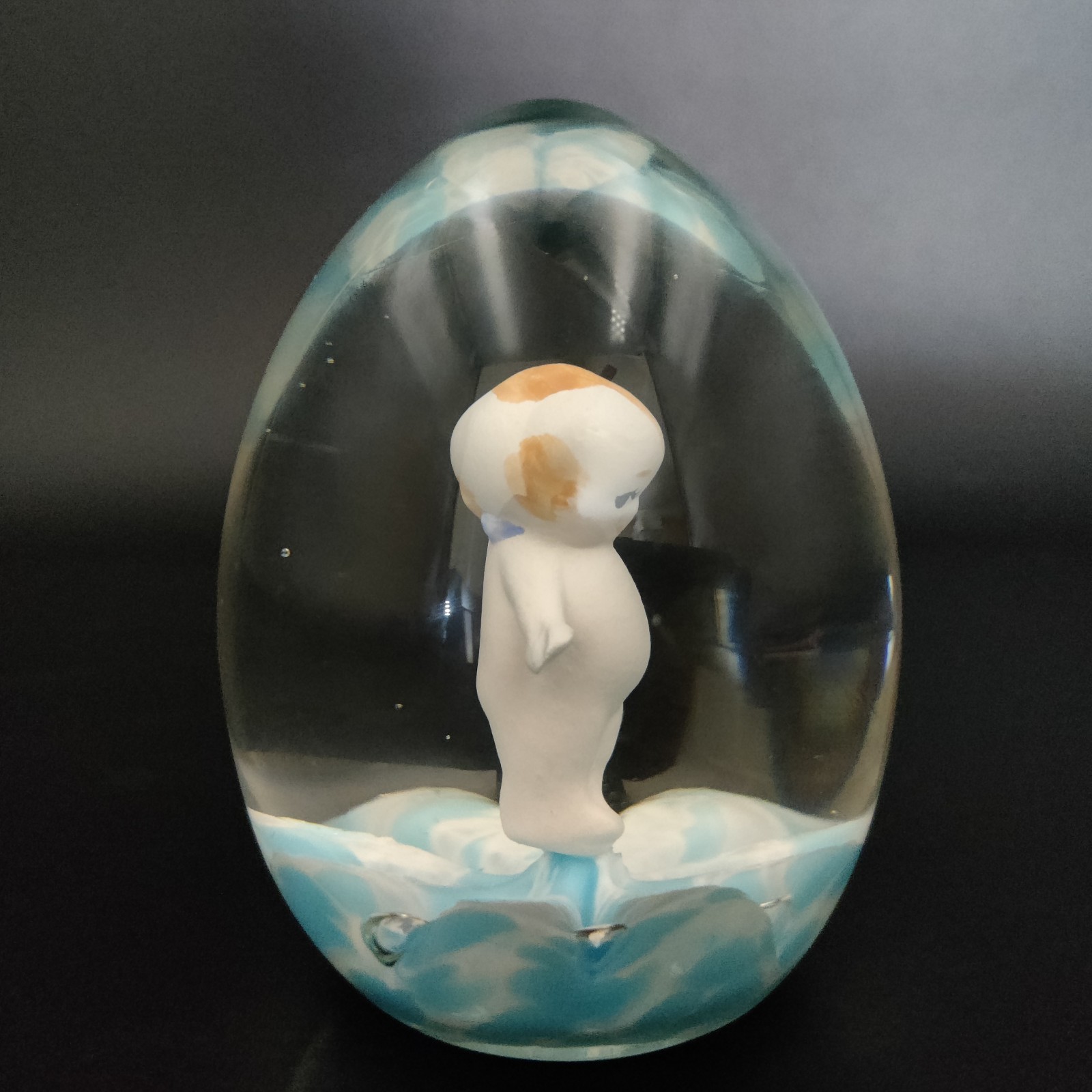 Vintage St. Clair Signed Glass Sulphide Paperweight Kewpie on Blue (Maude & Bob)