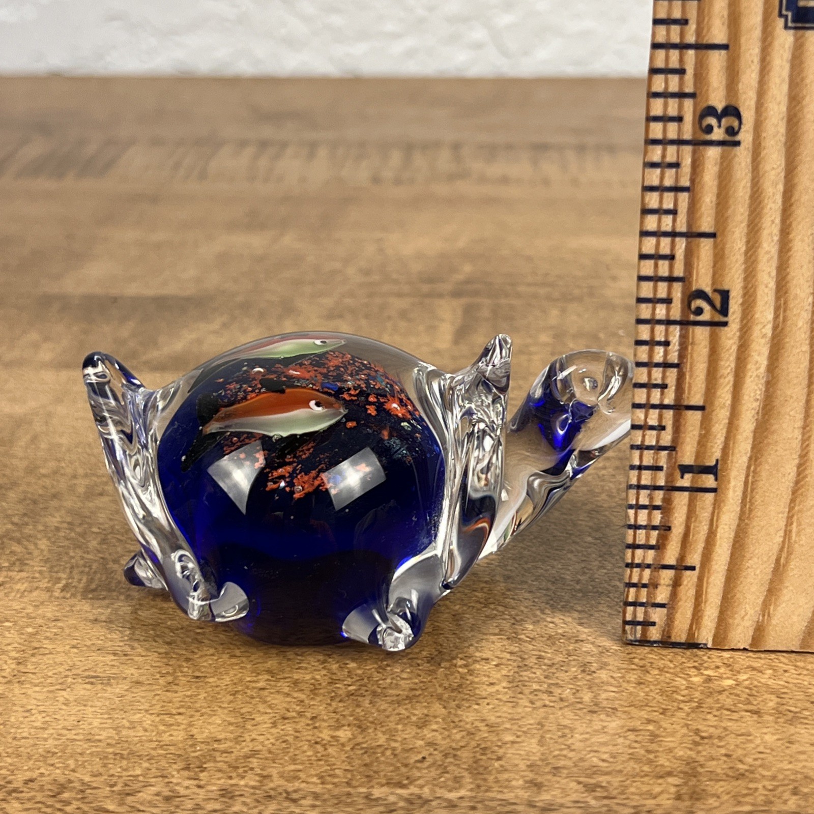 Murano Style Art Glass Sea Turtle W/ Fish Aquarium Figurine Paperweight