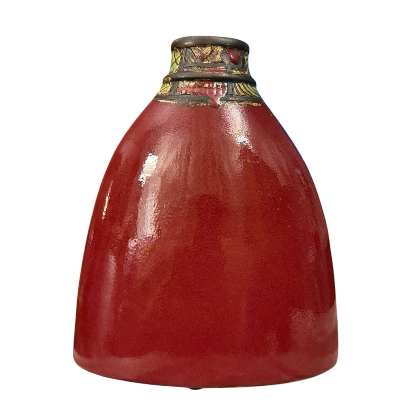 Art Pottery Vase Cloisonne Style Red Abstract Geometric Decor Folk Art 10” Tall