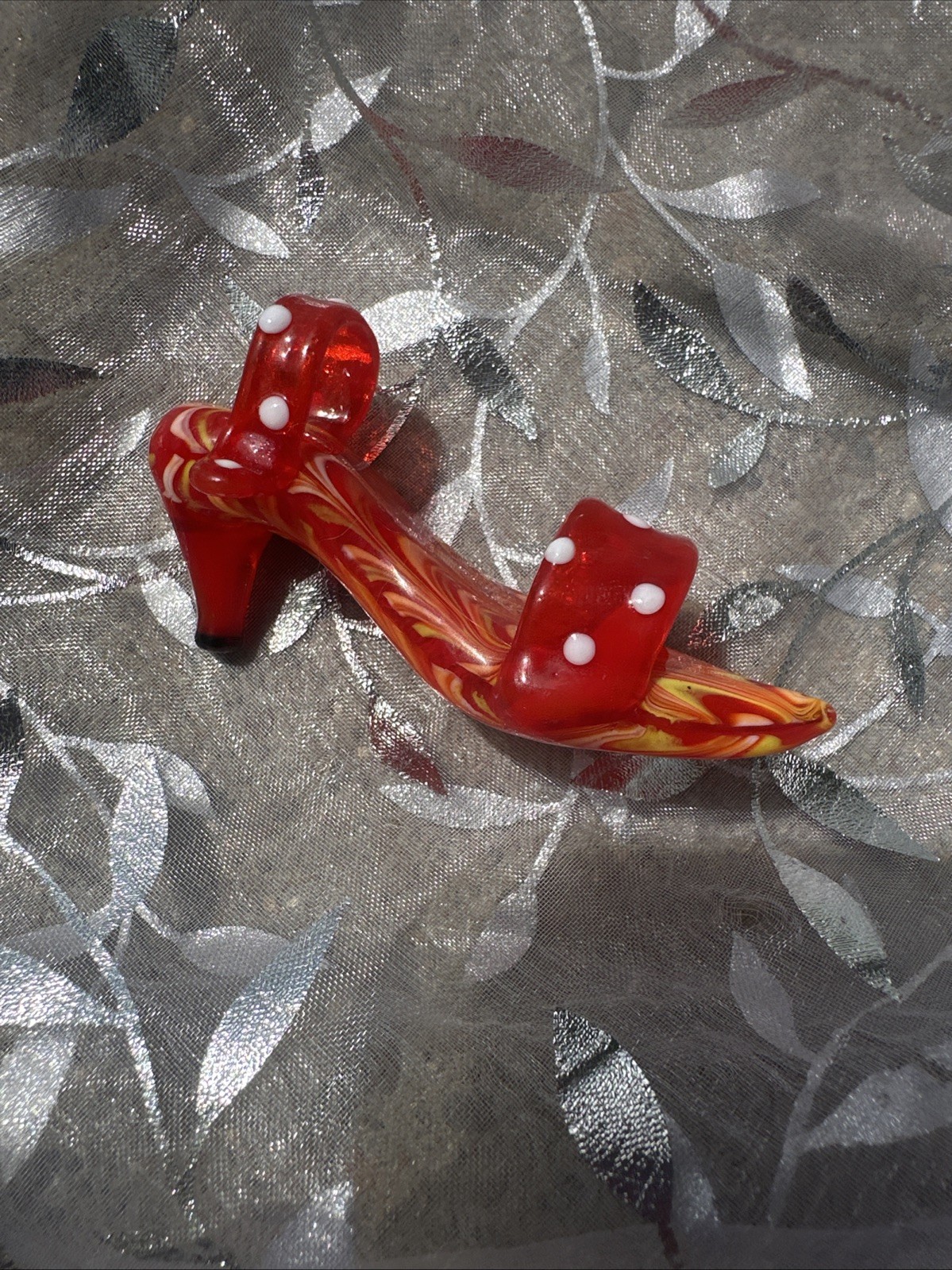VTG “FF” Hand Blown Glass Mini High Heel Red Polka Dot Sandal Shoe Figurine