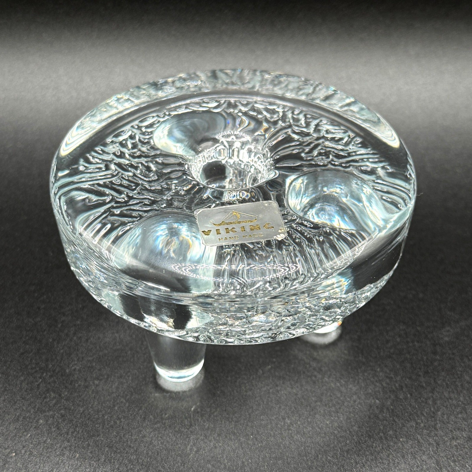 Viking Glass Vtg Handmade Clear Textured 3 Footed Tripod Taper Candle Holder MCM