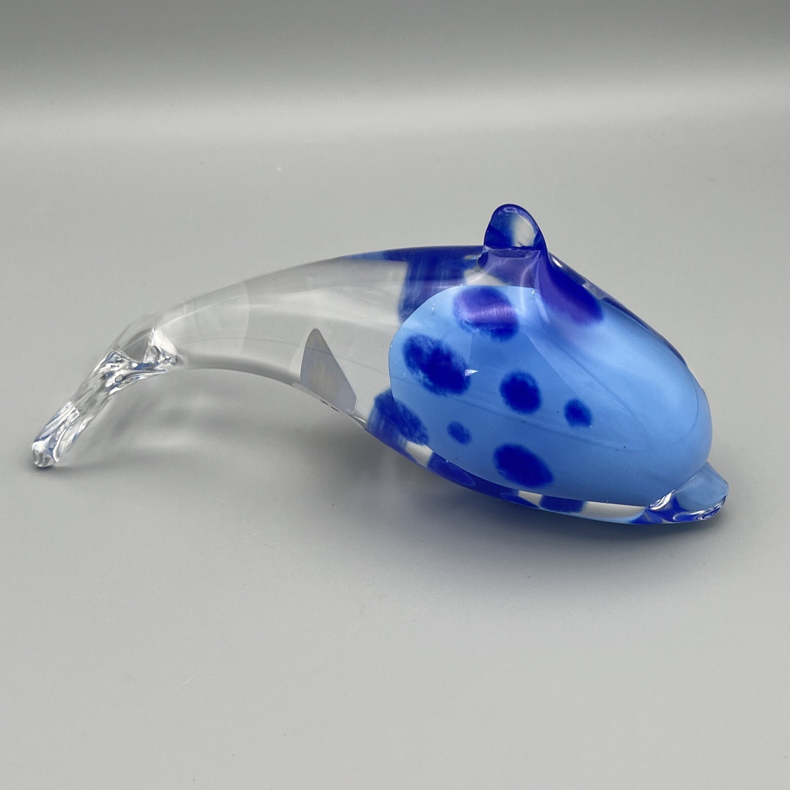 Hand Blown Art Glass Dolphin Figurine Paperweight 7in Clear And Blue