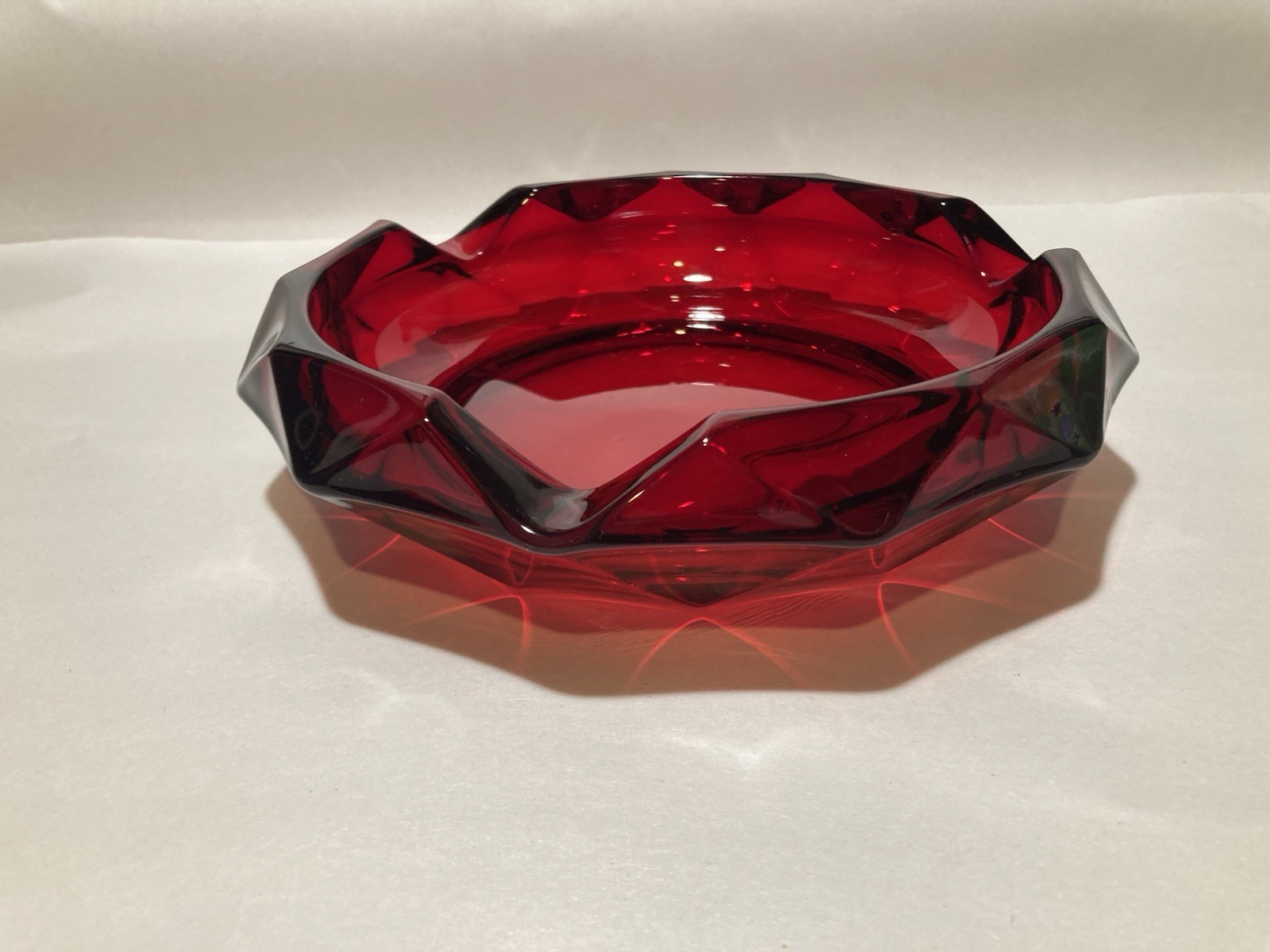 Vtg (MCM) Viking Glass Ruby Red Diamond Point Cigar Ashtray