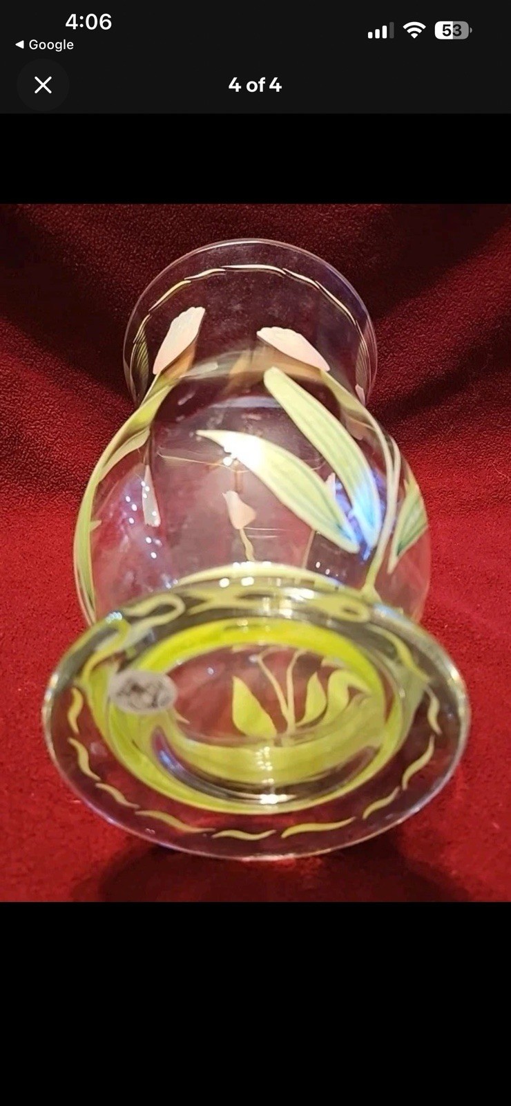 Hand Painted Glass Vase, Floral Design, Clear Pink Green Yellow, Decorative