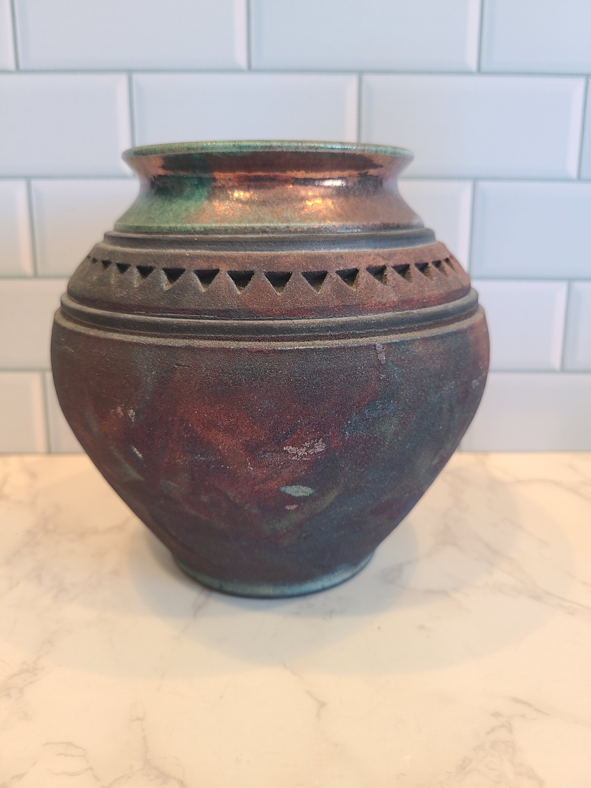 John Melkonian Raku Studio Pottery Vase Incised Triangle Design Signed 2010 EUC