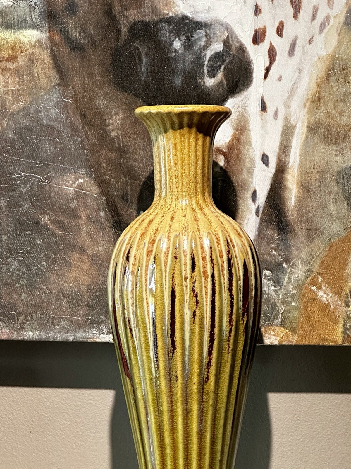VTG MCM Studio Art Pottery Drip Glaze Fluted Vase 17.5″ Green/Rust
