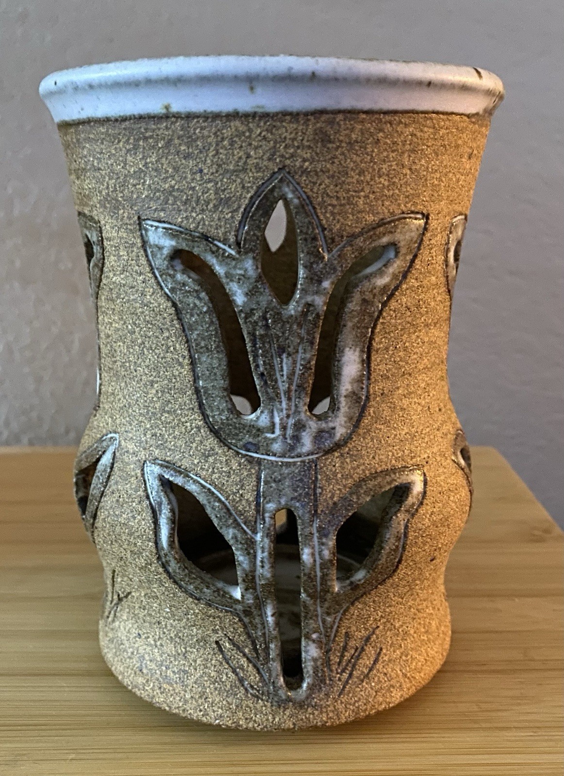 Studio Pottery Signed Mary Alice Cut Out Tulips Candle Holder Vintage MCM 1965