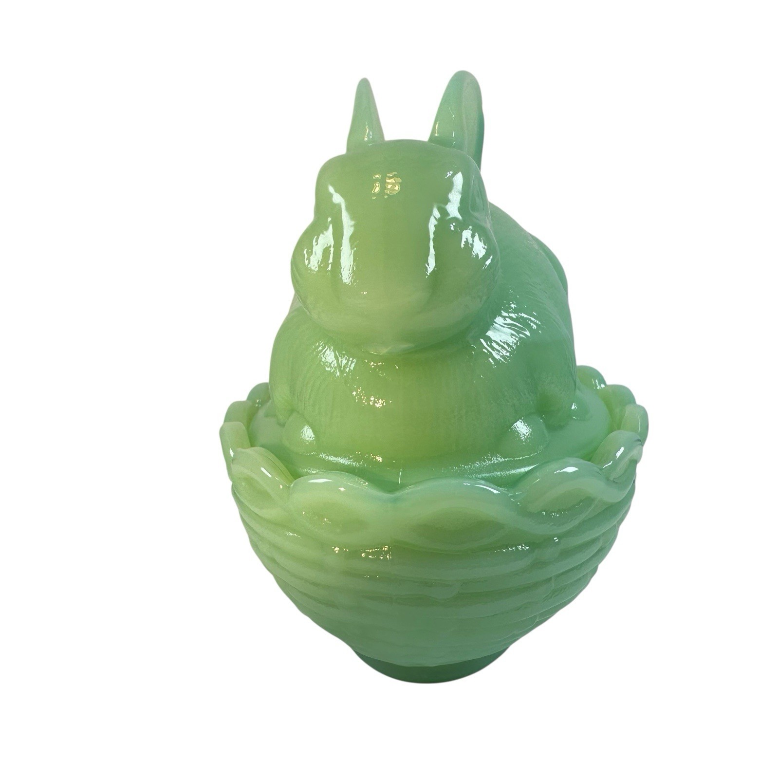 Mosser Milk Glass Bunny Rabbit On A Basket Nest Jadeite Green Covered Dish USA