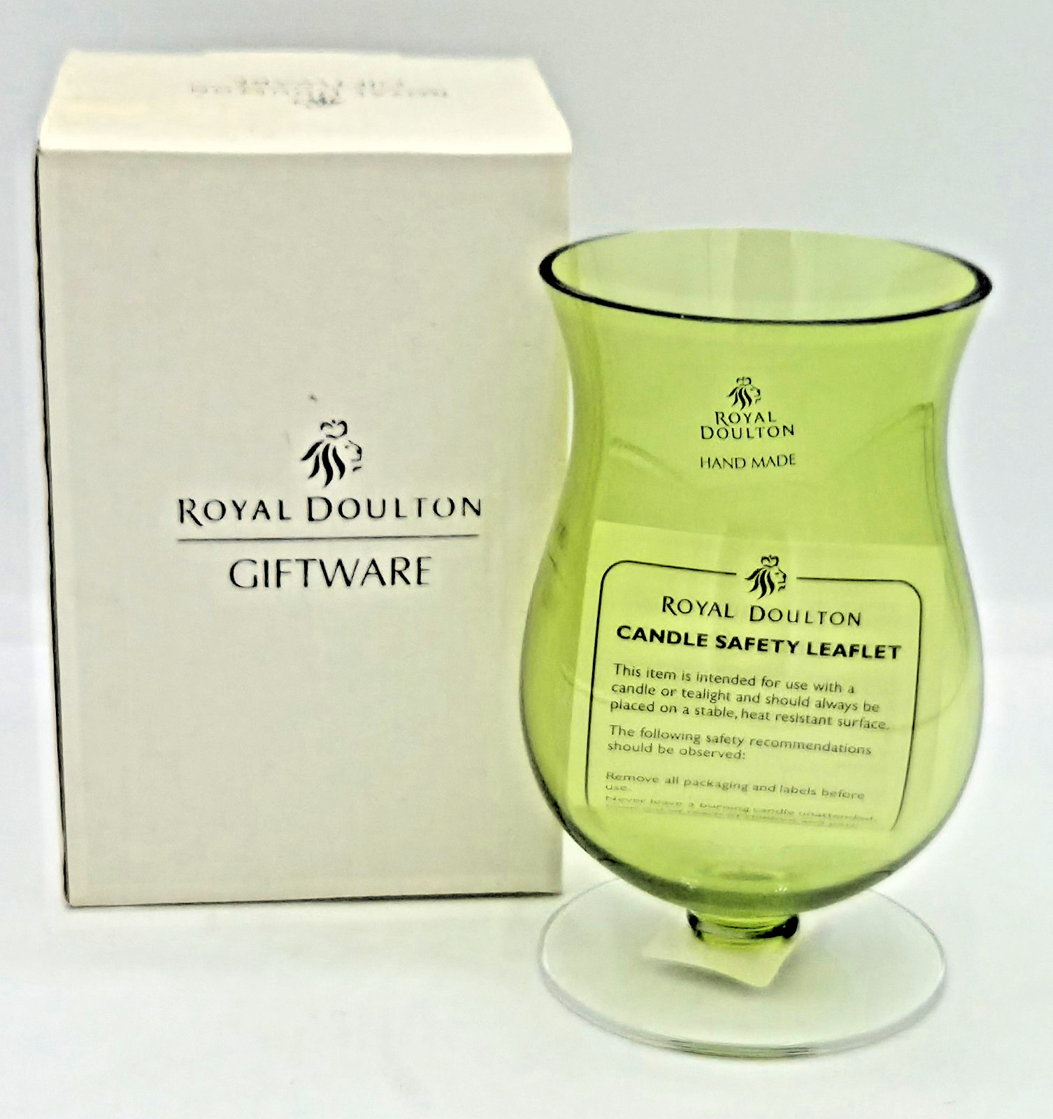 Vintage Royal Doulton Olive Green Glass Hurricane Candle Holder w/ BOX FREE SHIP