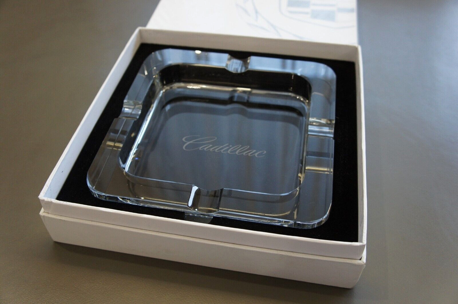 NIB Genuine Cadillac Squared Clear Glass Ashtray Cigarette Cigar Decorative Tray