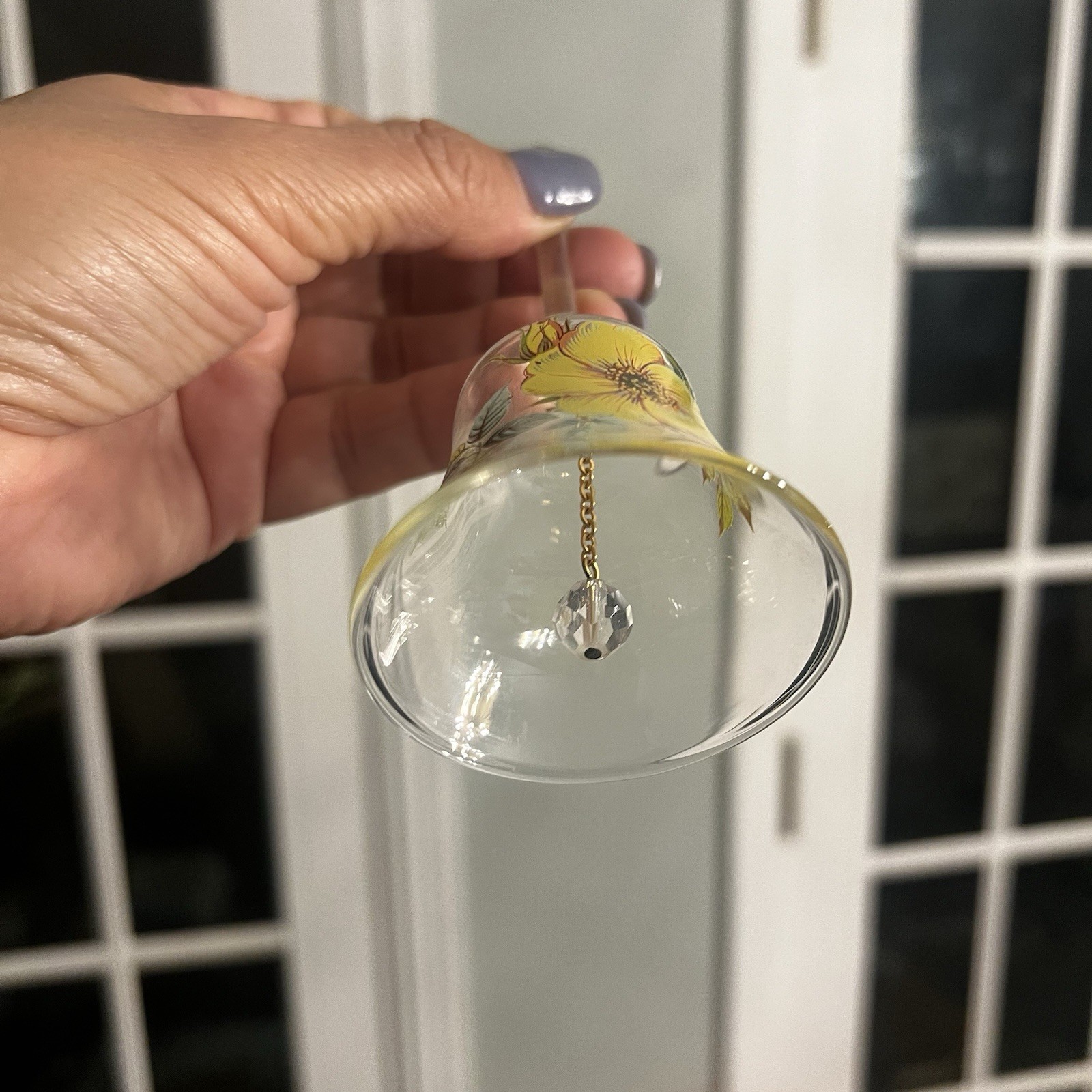 Clear Glass Bell with Yellow Poppy Flower Hand Painted 4.5″ Tall