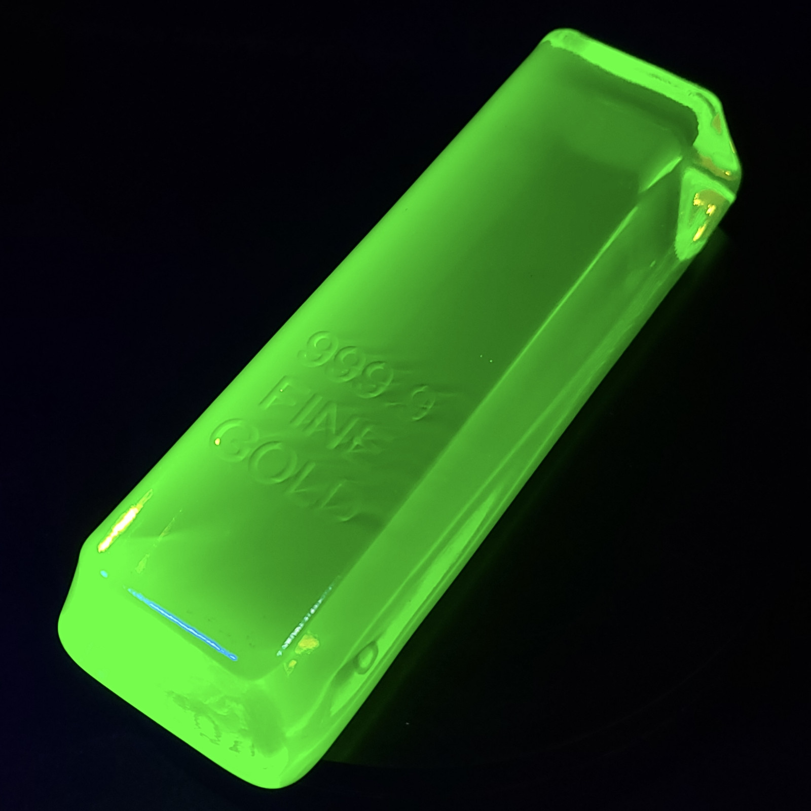 Vaseline Uranium Glass Ingot “Gold 999.9” Art Glass Uranium Glass Figurine