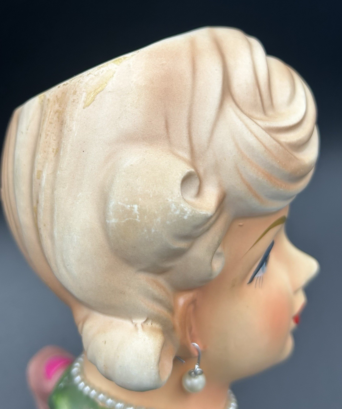 Rubens 4129 Lady Head Vase Teen Girl Blond, Green Top Pearl Earrings & Necklace
