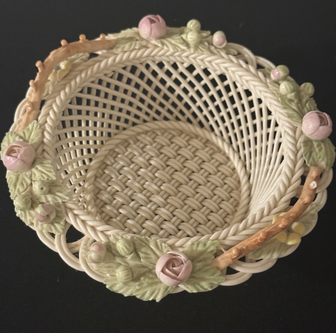 Belleek Rose Border Woven Basket Dish Bowl