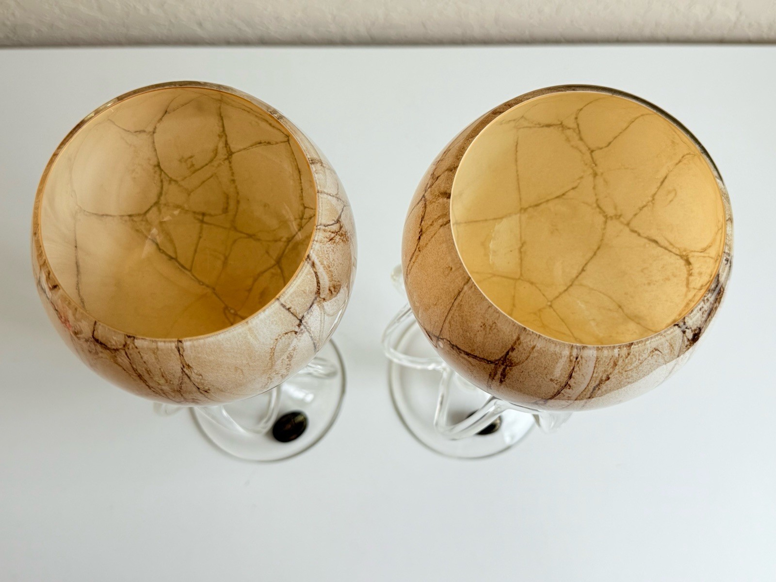 PAIR OF 2- Jozefina Krosnos Jellyfish Compote Bowl Poland Beige Tan Brown Swirl
