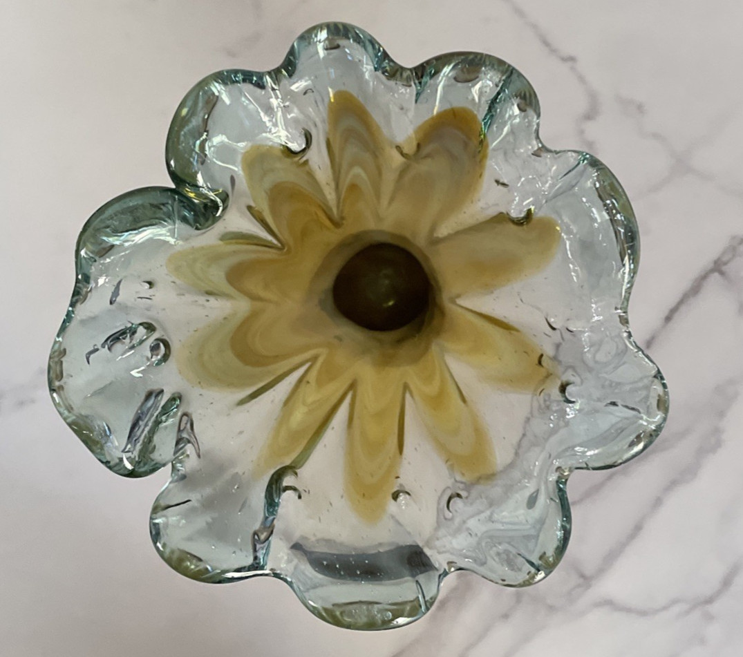 Murano Style Blown Art Glass Vase Venetian Collection Amber Scalloped Top 17″