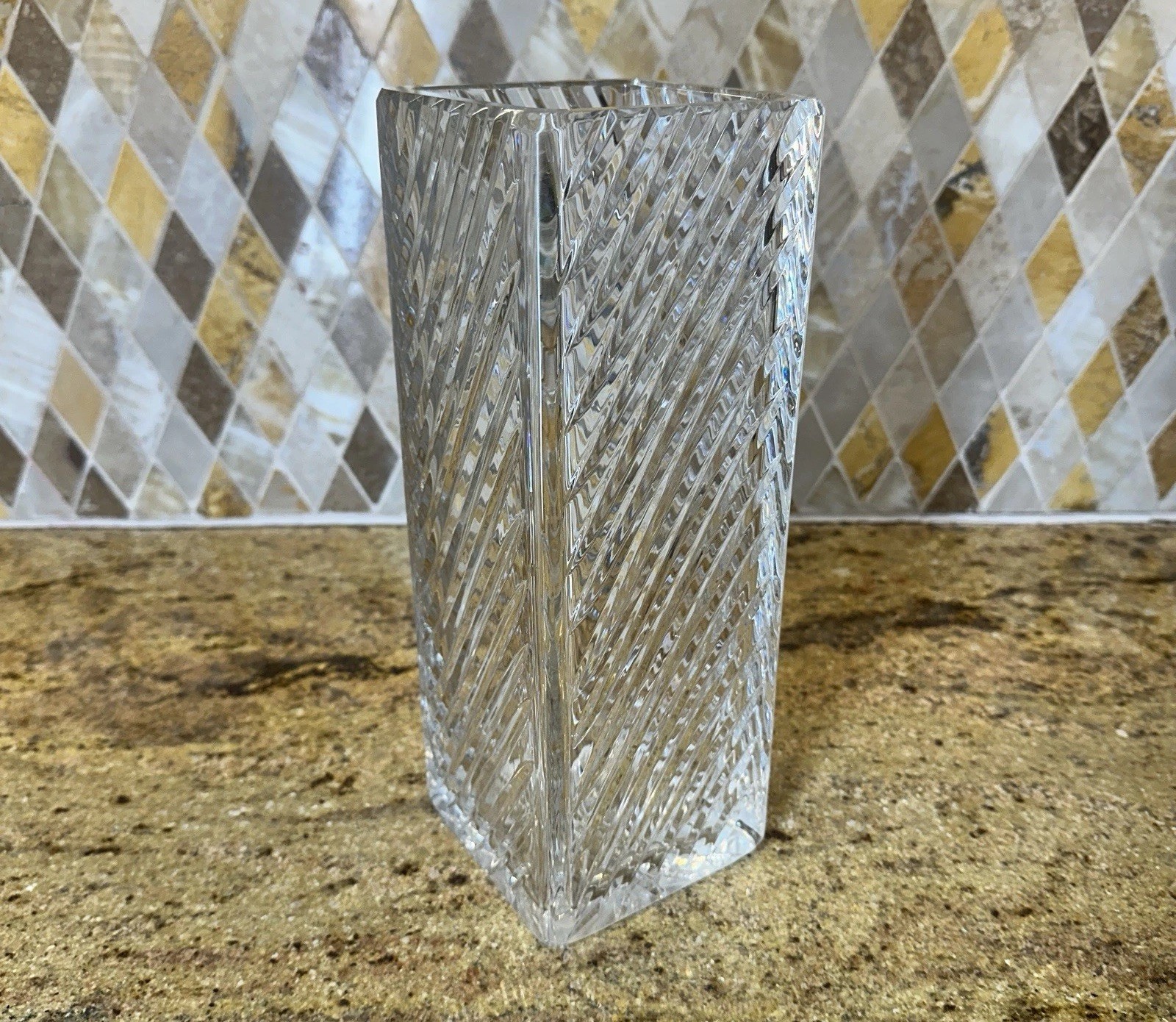 ACC Crystal Square Cut Vase 10.5 in Poland Thick Diagonal Lines 4 In Diameter