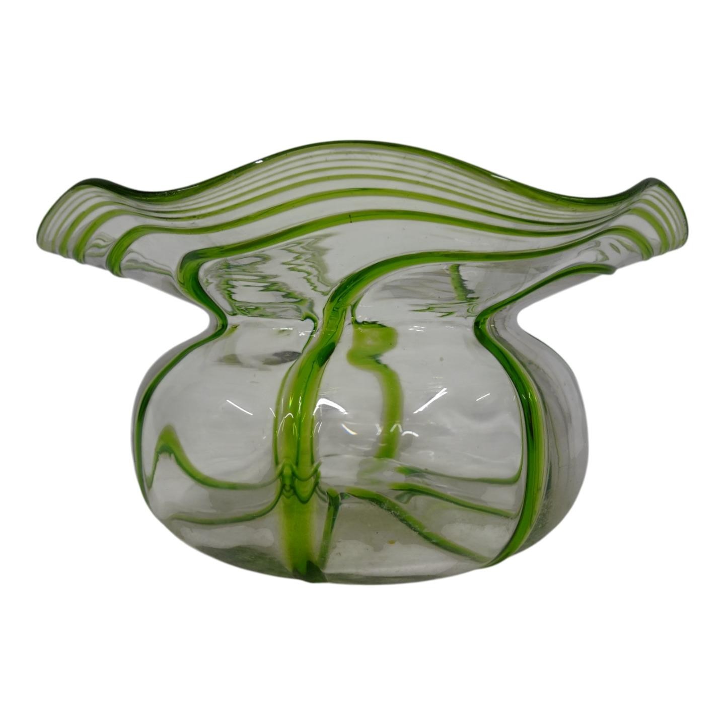 Stuart & Sons Stourbridge Hand Blown Green Trailed Art Bowl Glass Vase HT8
