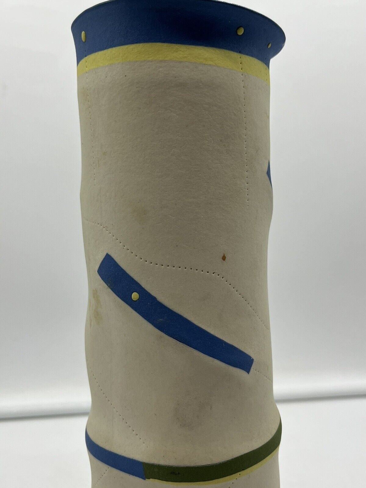 Vintage Pottery Vase SIGNED MAB 1985 Patchwork Stitch Fabric Memphis Style 10.5”